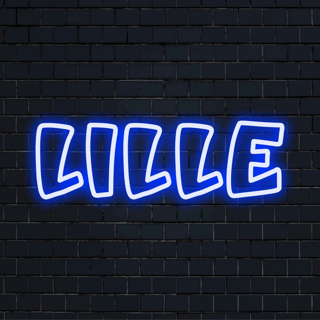 Lille Neon Sign, bright neon lettering against brick backdrop