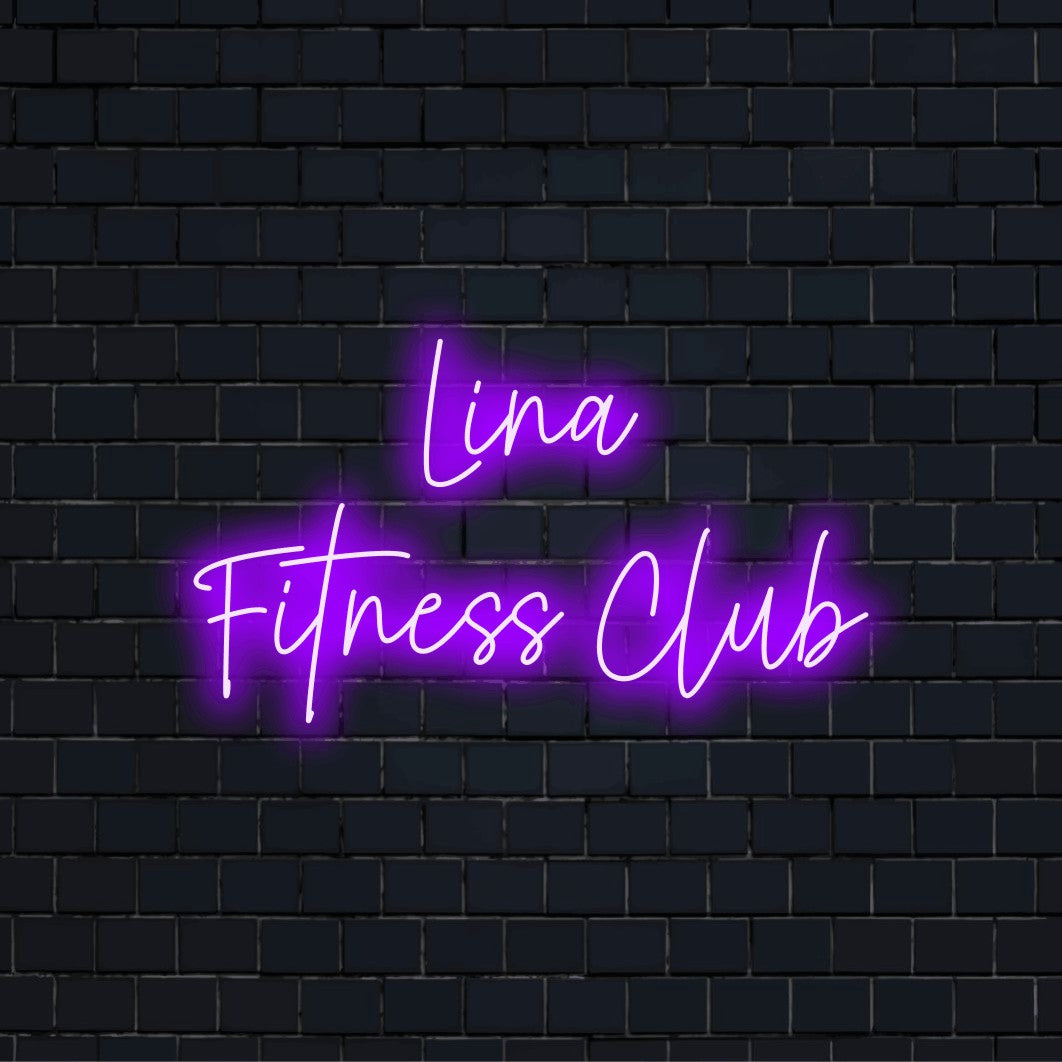 Lina Fitness Club Personalized LED Neon Sign, neon text light on dark brick background