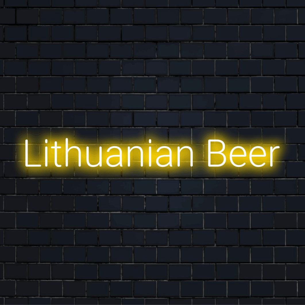 Lithuanian Beer Neon Light with glowing lettering on dark brick background