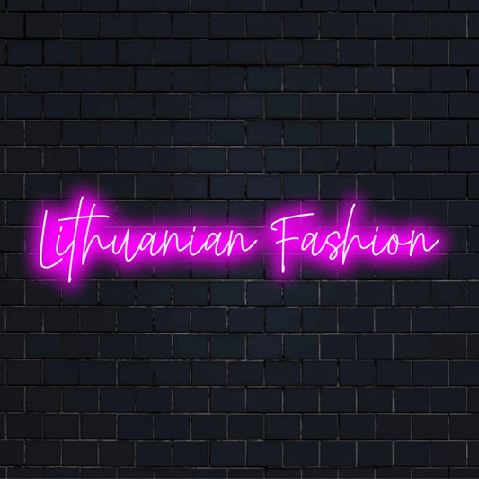 Lithuanian Fashion Neon Light with glowing wall decor on dark brick background
