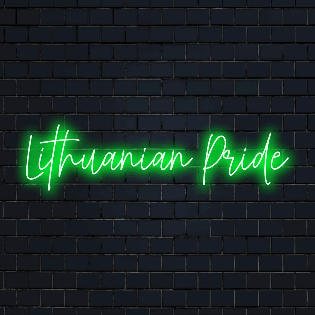 Lithuanian Pride Neon Sign, bright neon lettering on black brick background
