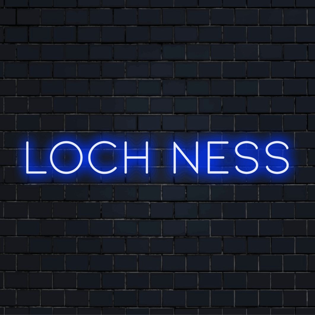 Loch Ness LED Neon Sign, bright LED glow on dark brick wall