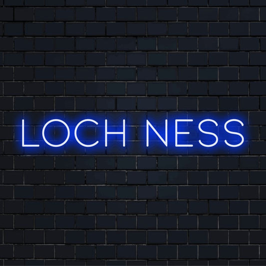 Loch Ness LED Neon Sign, bright LED glow on dark brick wall