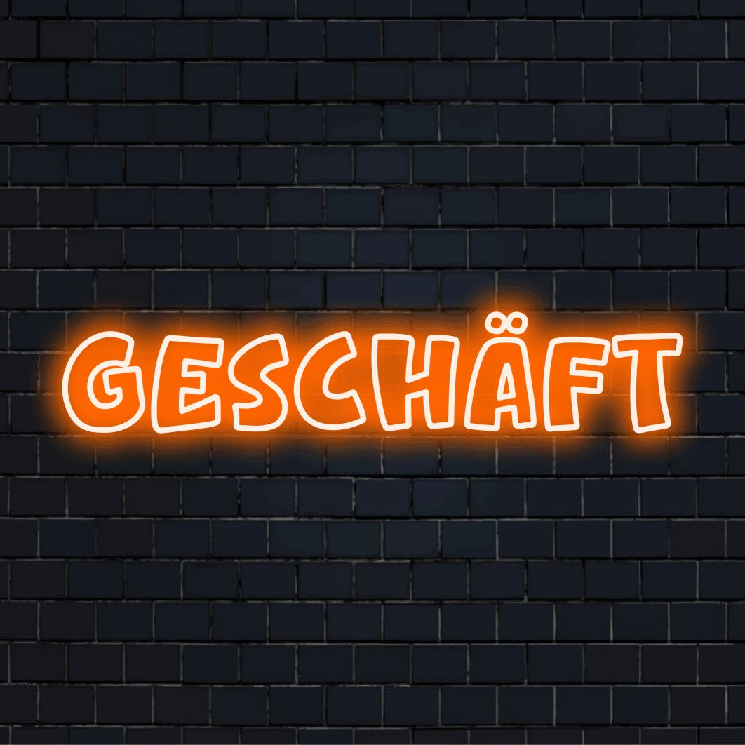 LED-Neonschild mit dem Design „Geschäft“ auf dunkler Ziegelwand
