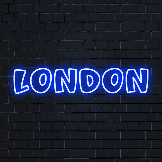 London Neon Sign, glowing lettering on dark brick background