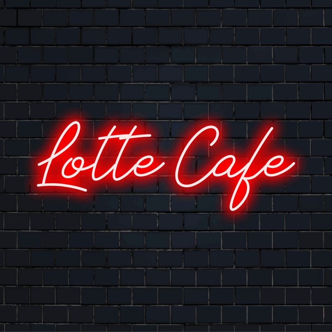 Lotte Cafe Custom Name Neon Sign, soft neon glow on black brick background