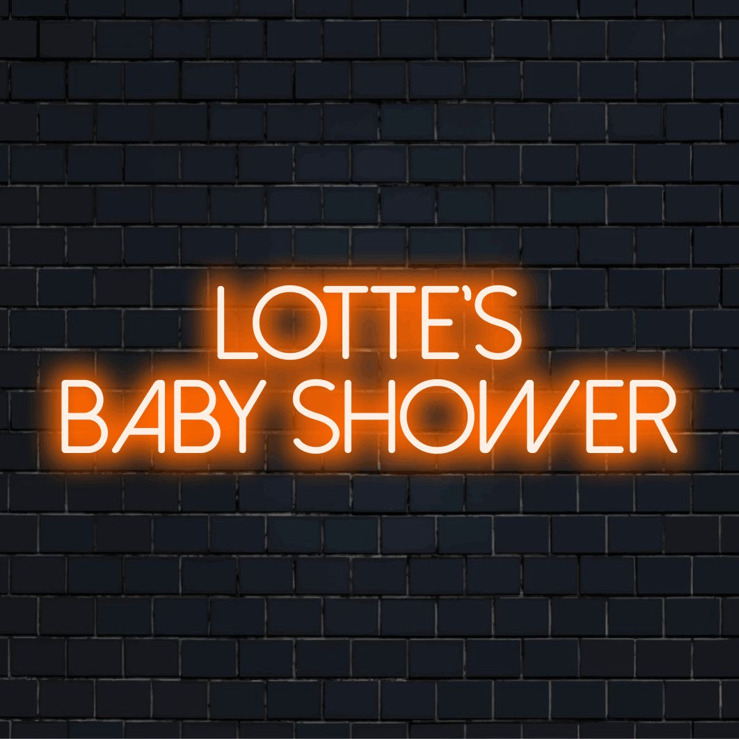Lotte_s Baby Shower Personalized LED Neon Sign, glowing neon text on black brick background