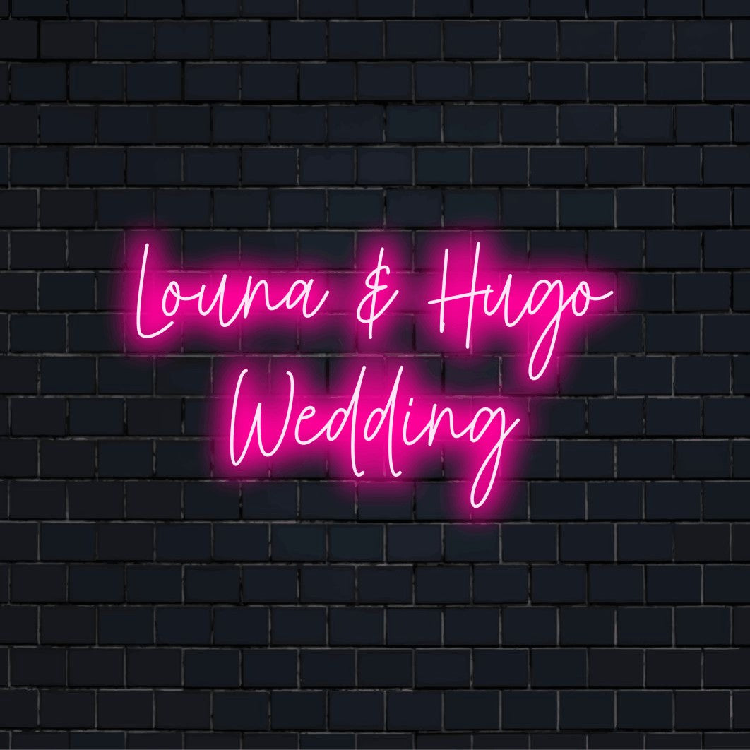 Louna _ Hugo Wedding Custom Name Neon Sign, glowing lettering on black brick background