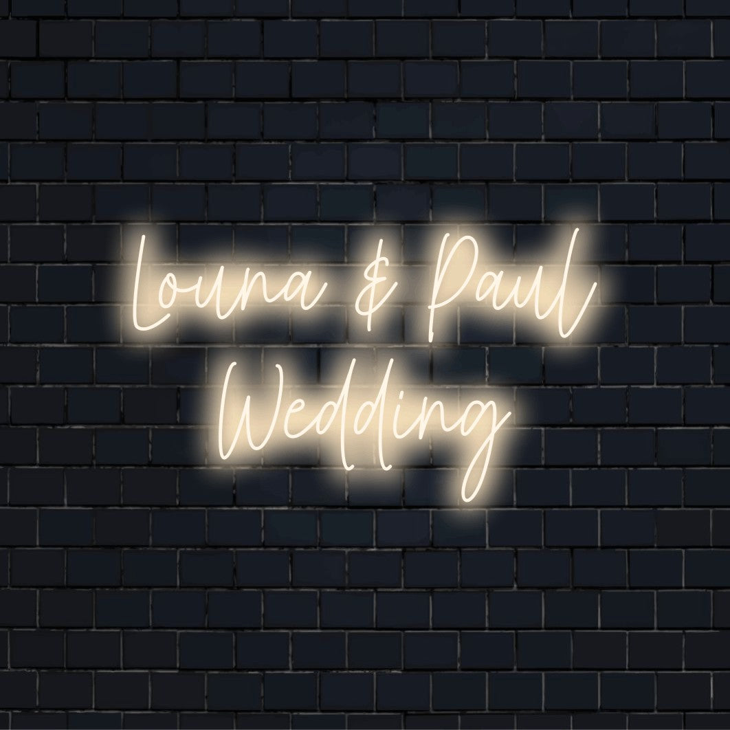 Louna _ Paul Wedding Custom Name Neon Sign, glowing wall decor on dark brick background