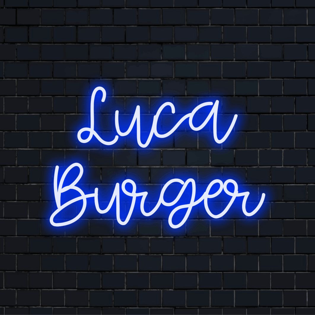 Luca Burger Custom Name Neon Sign, soft neon glow against black brick wall