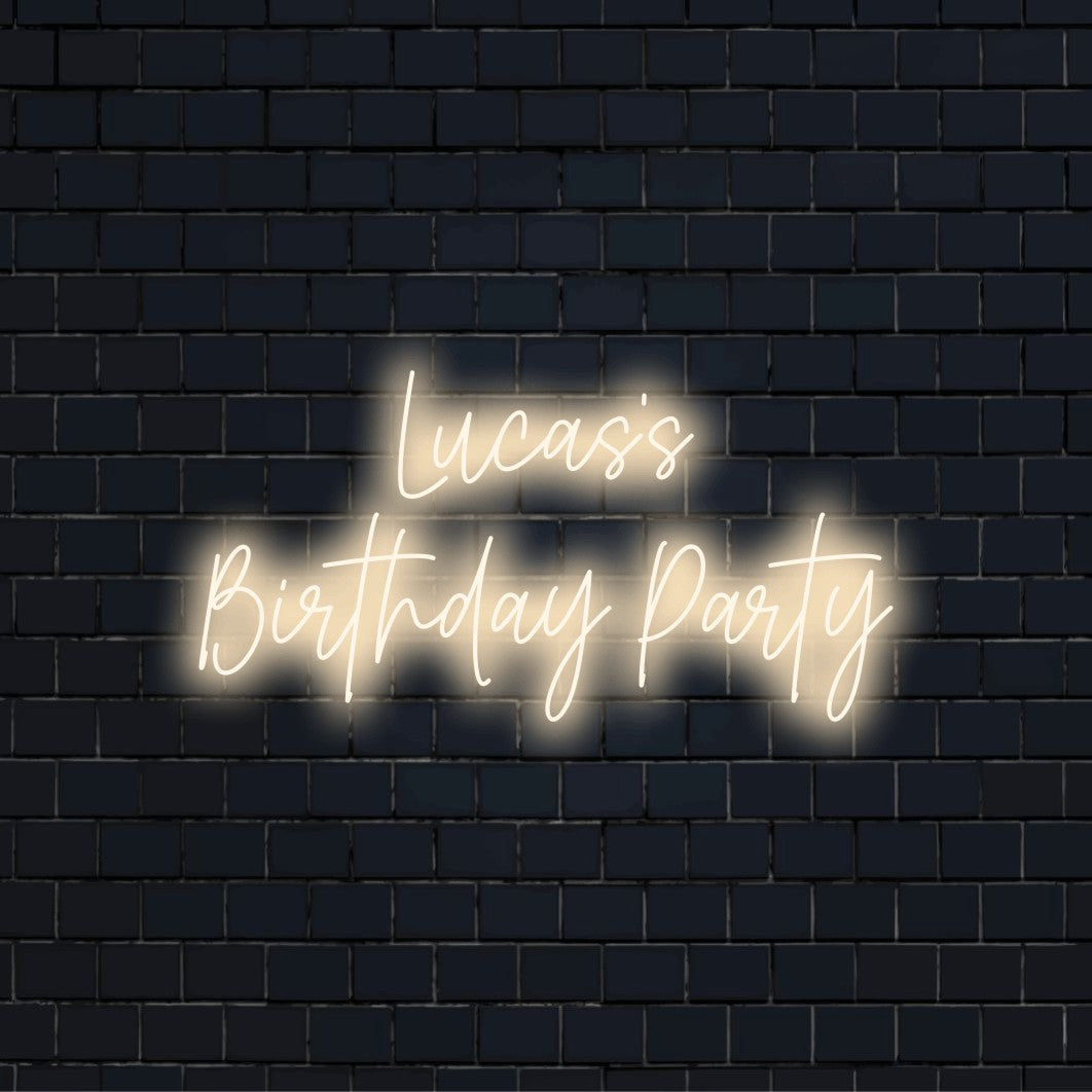 Lucas_s Birthday Party Personalized LED Neon Sign, bright neon glow against black brick wall