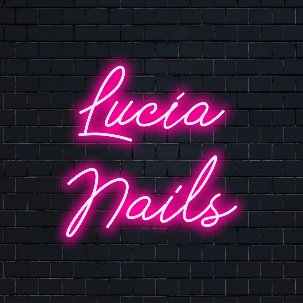 Lucia Nails Personalized LED Neon Sign, neon text light against brick backdrop