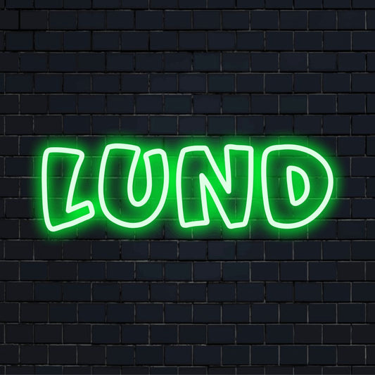 Lund Neon Sign, soft neon glow on dark brick background