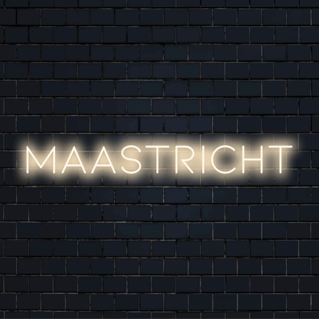 Maastricht Neon Sign, bright LED glow on black brick background
