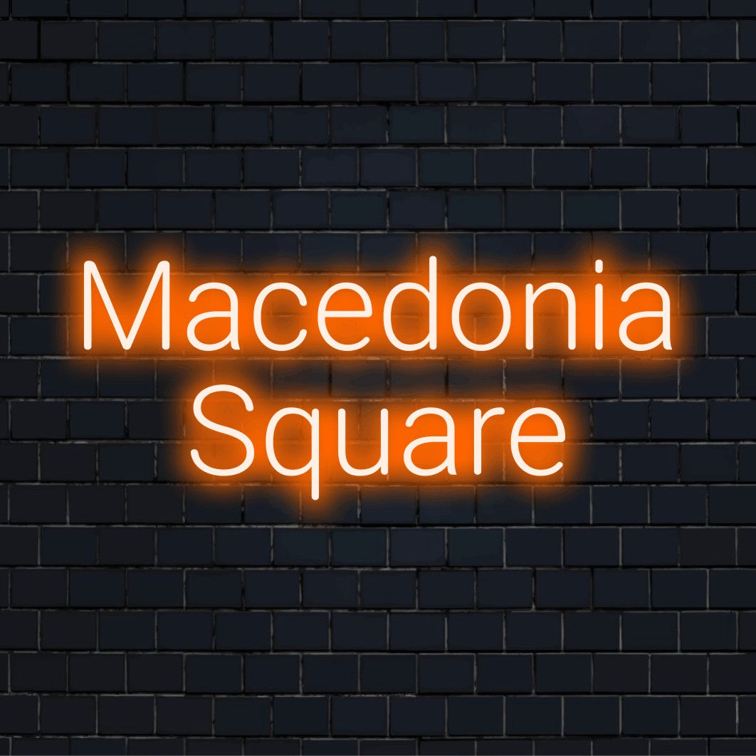 Macedonia Square LED Neon Sign, soft neon glow on black brick background