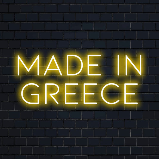 Made In Greece Neon Sign, glowing wall decor on dark brick background