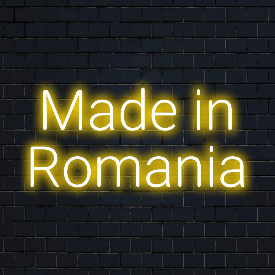 Made In Romania Neon Sign, bright LED glow against black brick wall