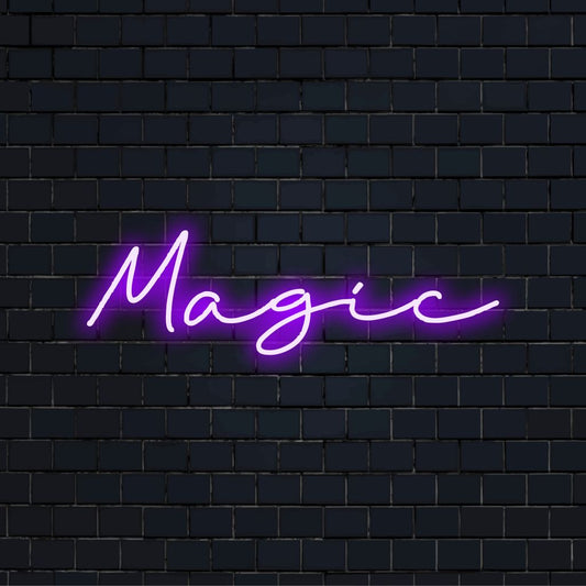 Magic Neon Sign, bright LED glow against black brick wall
