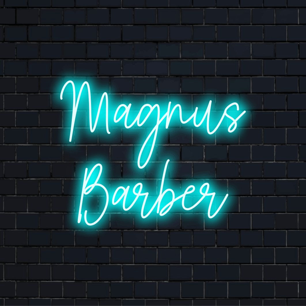 Magnus Barber Personalized LED Neon Sign, soft neon glow on dark brick background