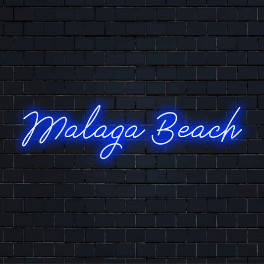 Malaga Beach LED Neon Sign, bright neon glow on dark brick wall