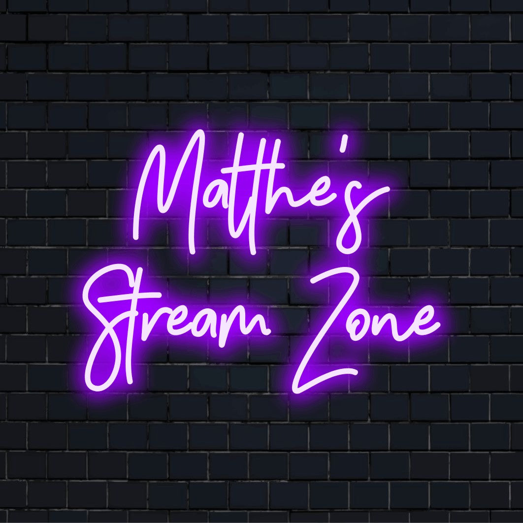 Malthe_s Stream Zone Custom Name Neon Sign, glowing lettering on dark brick background