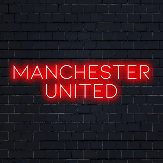 Manchester United Neon Light with glowing wall decor on dark brick background