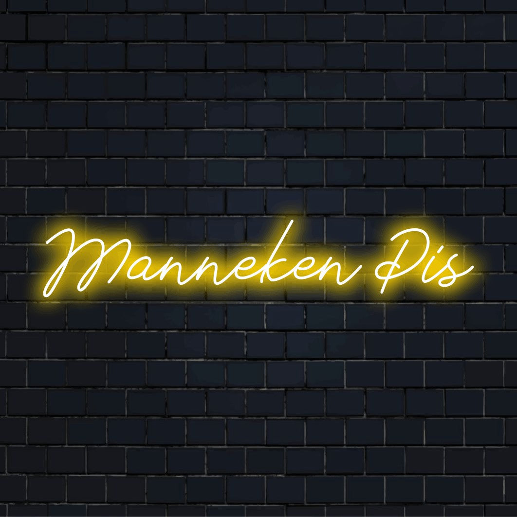 Manneken Pis Neon Sign, glowing neon text on black brick background