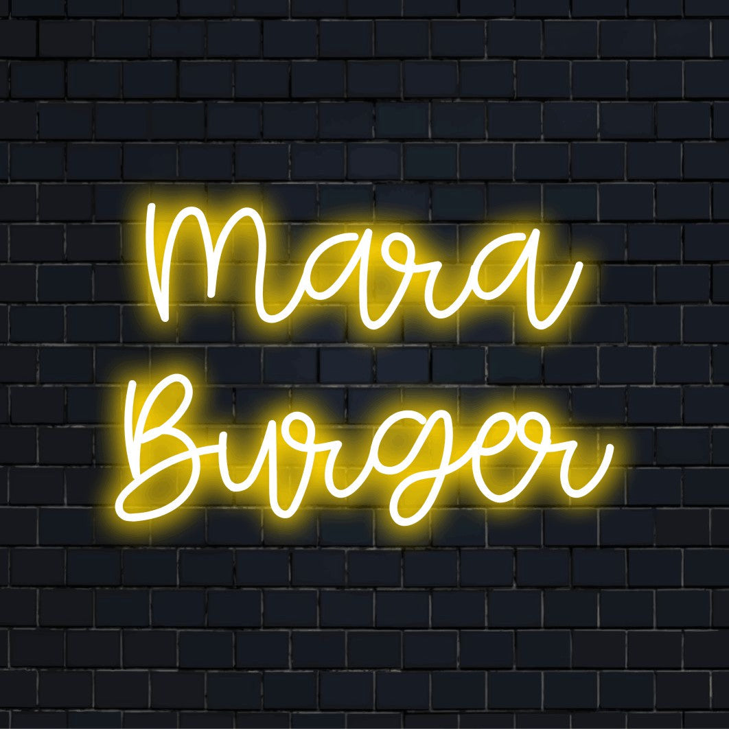 Mara Burger Personalized LED Neon Sign, bright neon glow against black brick wall