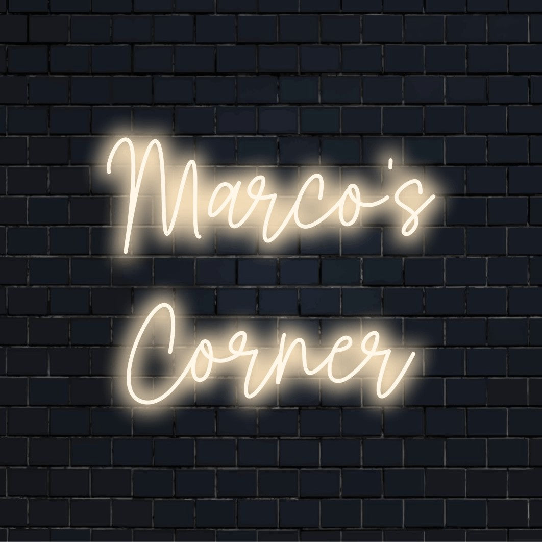 Marco_s Corner Custom Name Neon Sign, glowing lettering on black brick background
