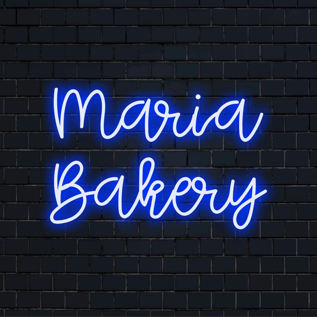 Maria Bakery Personalized LED Neon Sign, glowing lettering against brick backdrop