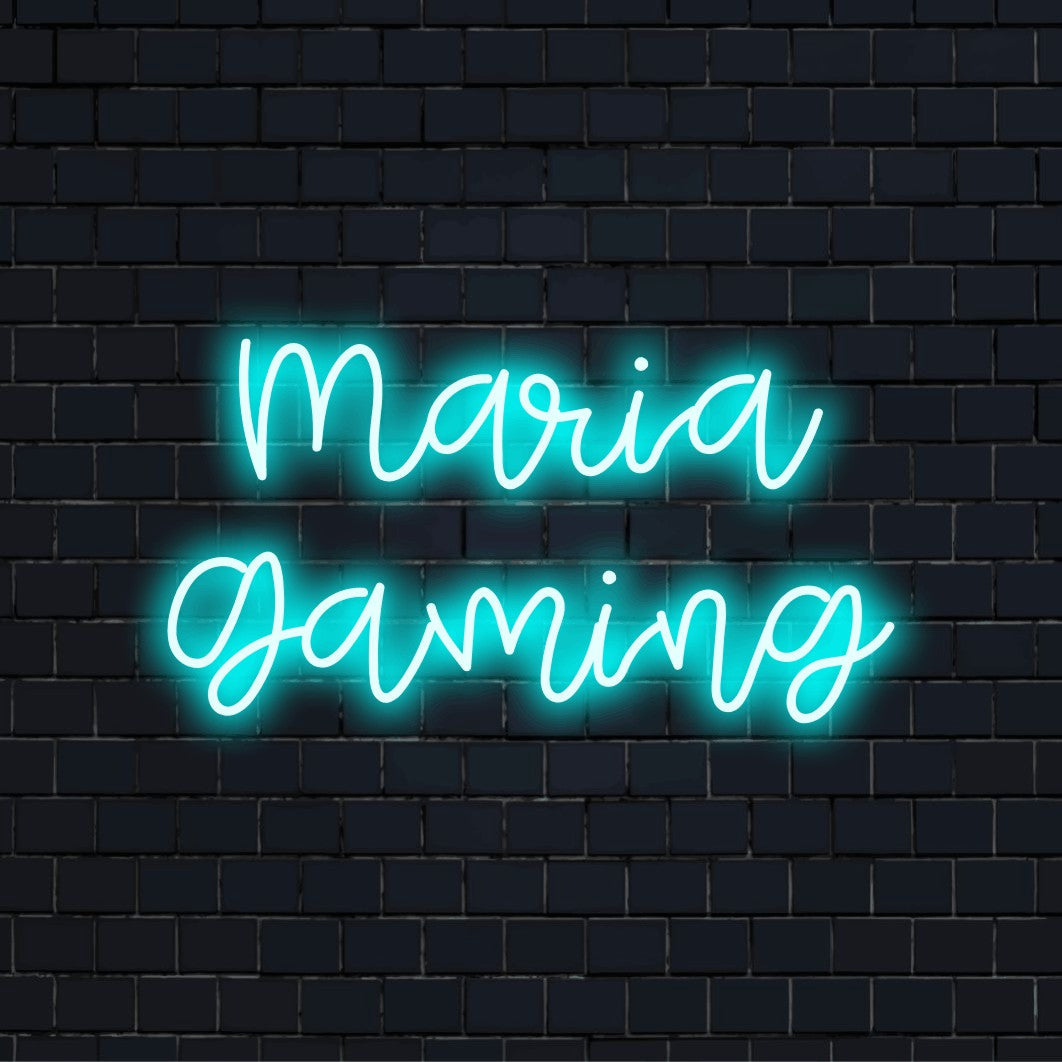 Maria Gaming Custom Name Neon Sign, soft neon glow against black brick wall