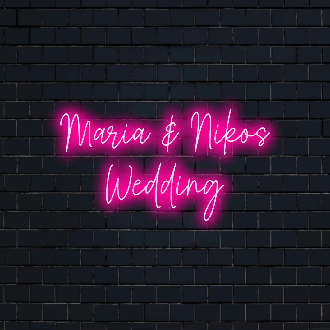 Maria _ Nikos Wedding Personalized LED Neon Sign, glowing wall decor on dark brick wall