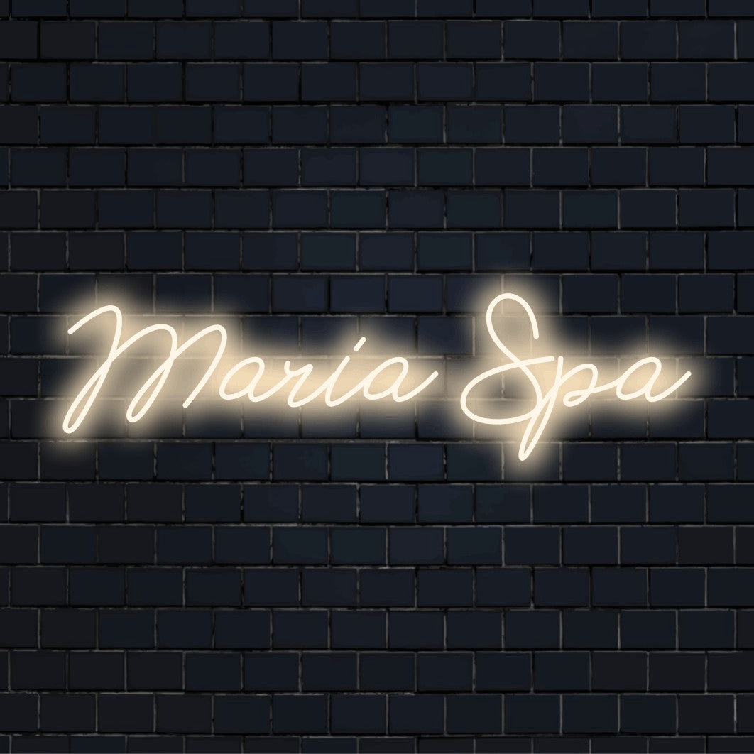 Maria Spa Personalized LED Neon Sign, bright LED glow against brick backdrop