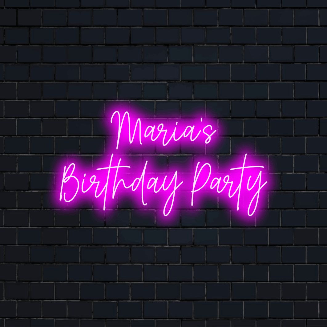 Maria_s Birthday Party Custom Name Neon Sign, bright neon lettering on dark brick background