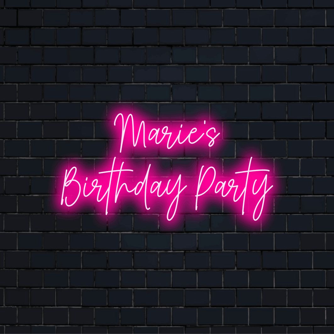 Marie_s Birthday Party Personalized Neon Light with bright LED glow on dark brick wall