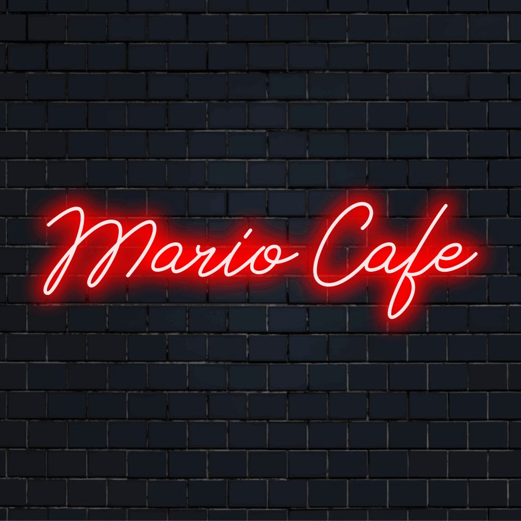 Mario Cafe Custom Name Neon Sign, glowing wall decor against brick backdrop