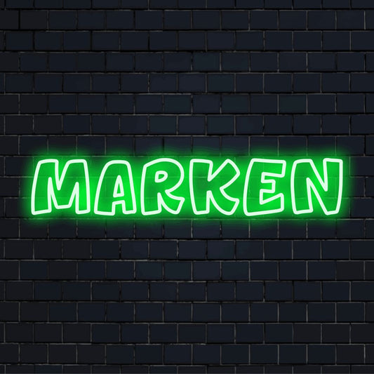 Marken Neon Sign, glowing wall decor on dark brick wall