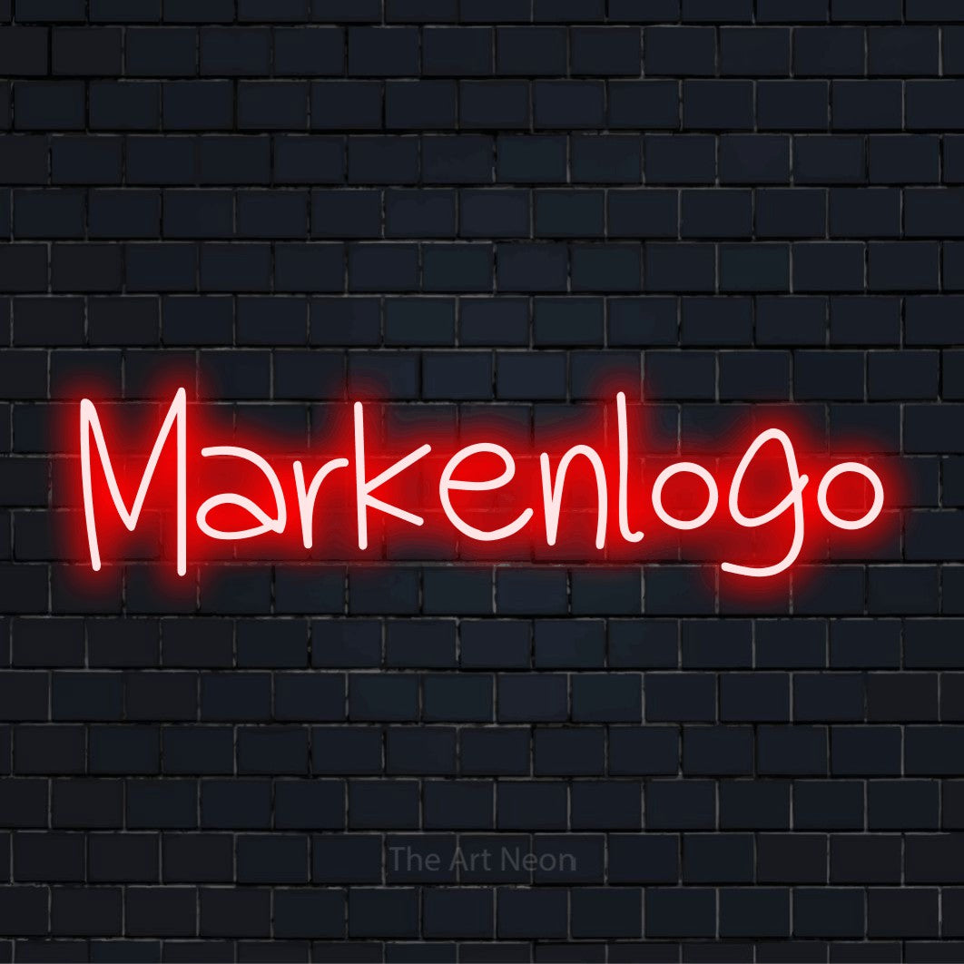 LED-Neonschild mit dem Design „Markenlogo“ auf dunkler Ziegelwand