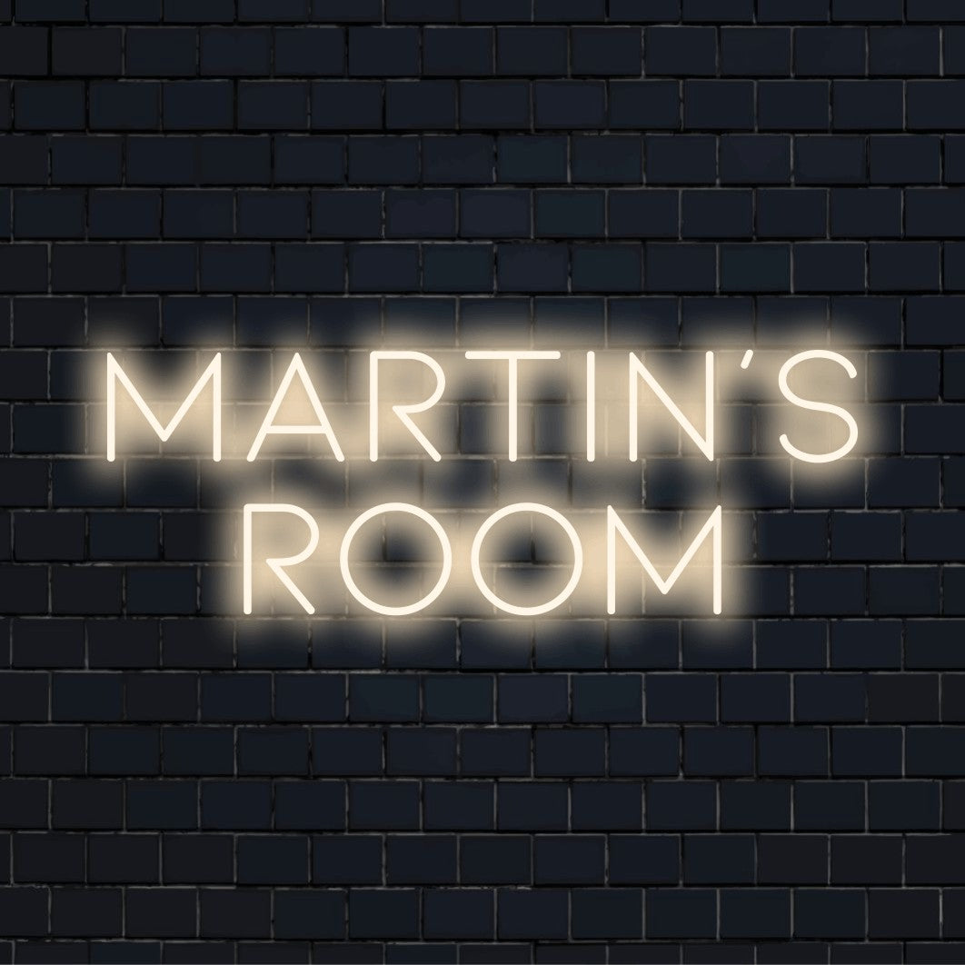 Martin_s Room Personalized LED Neon Sign, bright LED glow on dark brick wall