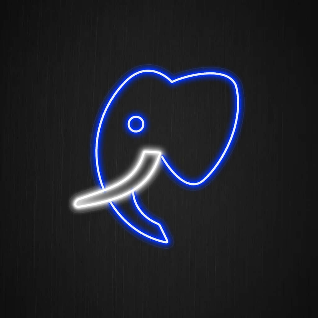 A sleek and minimalist neon sign depicting the silhouette of an elephant.