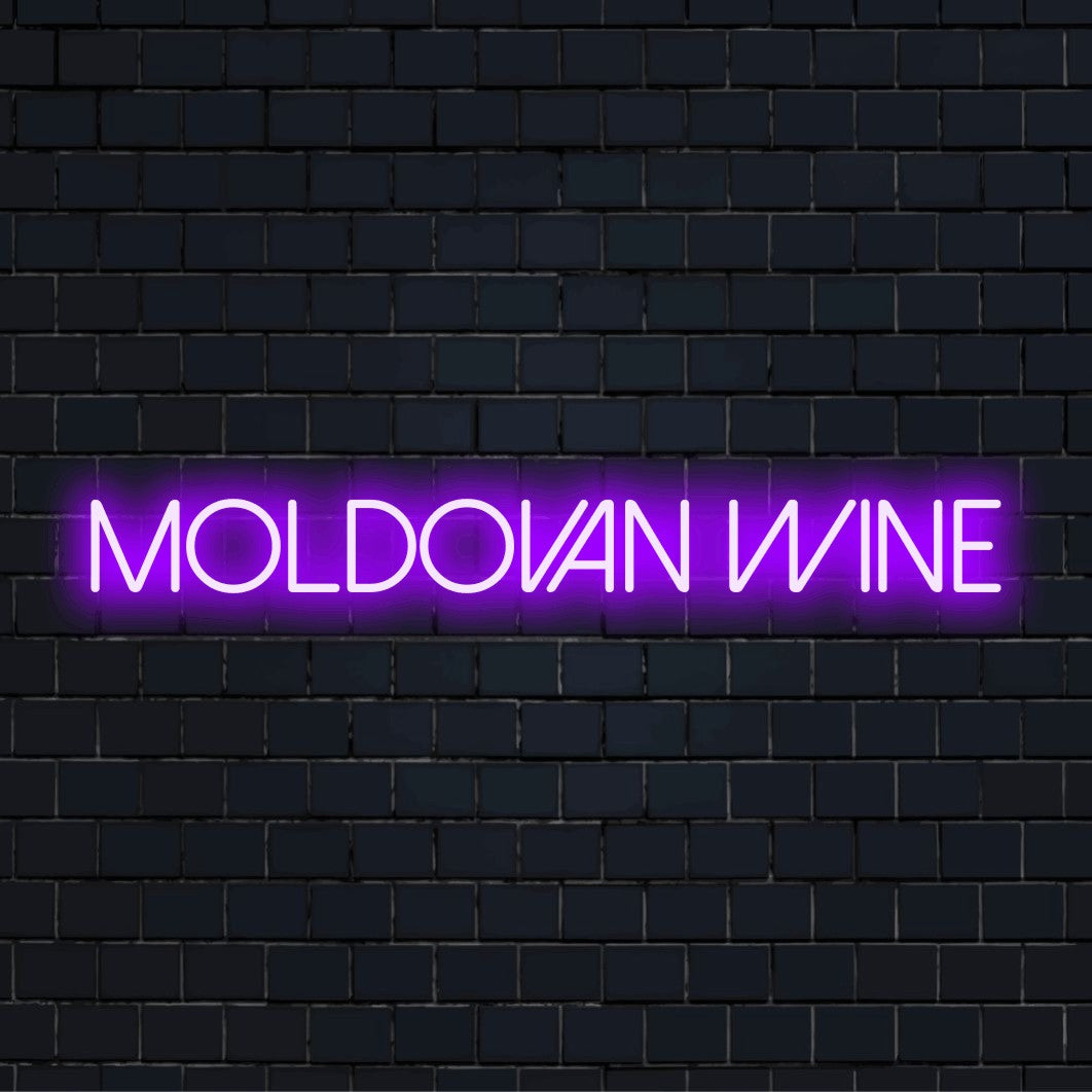 Moldovan Wine Neon Sign, glowing neon text against brick backdrop