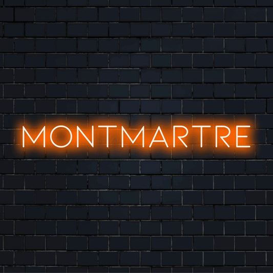 Montmartre Neon Sign, bright LED glow on dark brick background