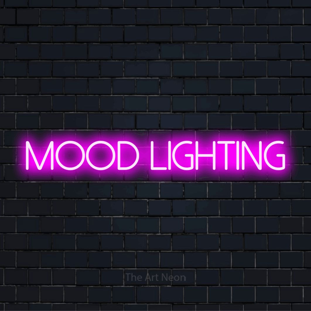"Mood Lighting" neon text design on a black brick wall