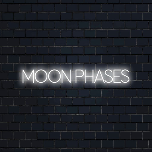 Moon Phases Neon Sign, glowing wall decor against black brick wall