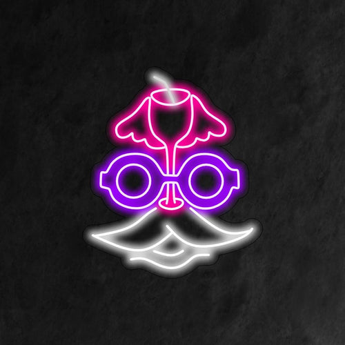 En retroinspirerad neonskylt med ett charmigt ansikte med en snygg mustasch, trendiga glasögon och en cocktail i handen. 