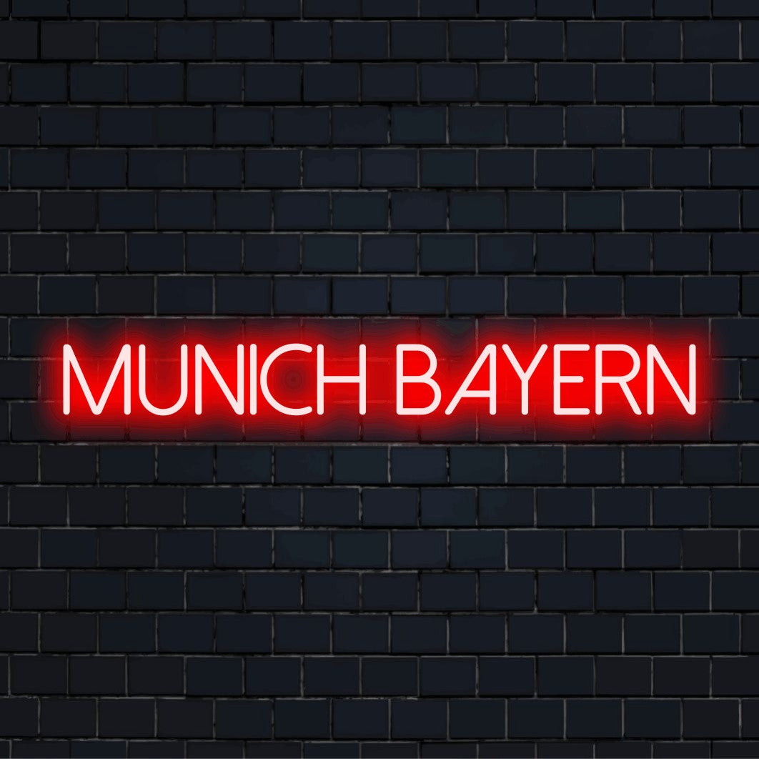 Munich Bayern Neon Sign, bright neon lettering on black brick background