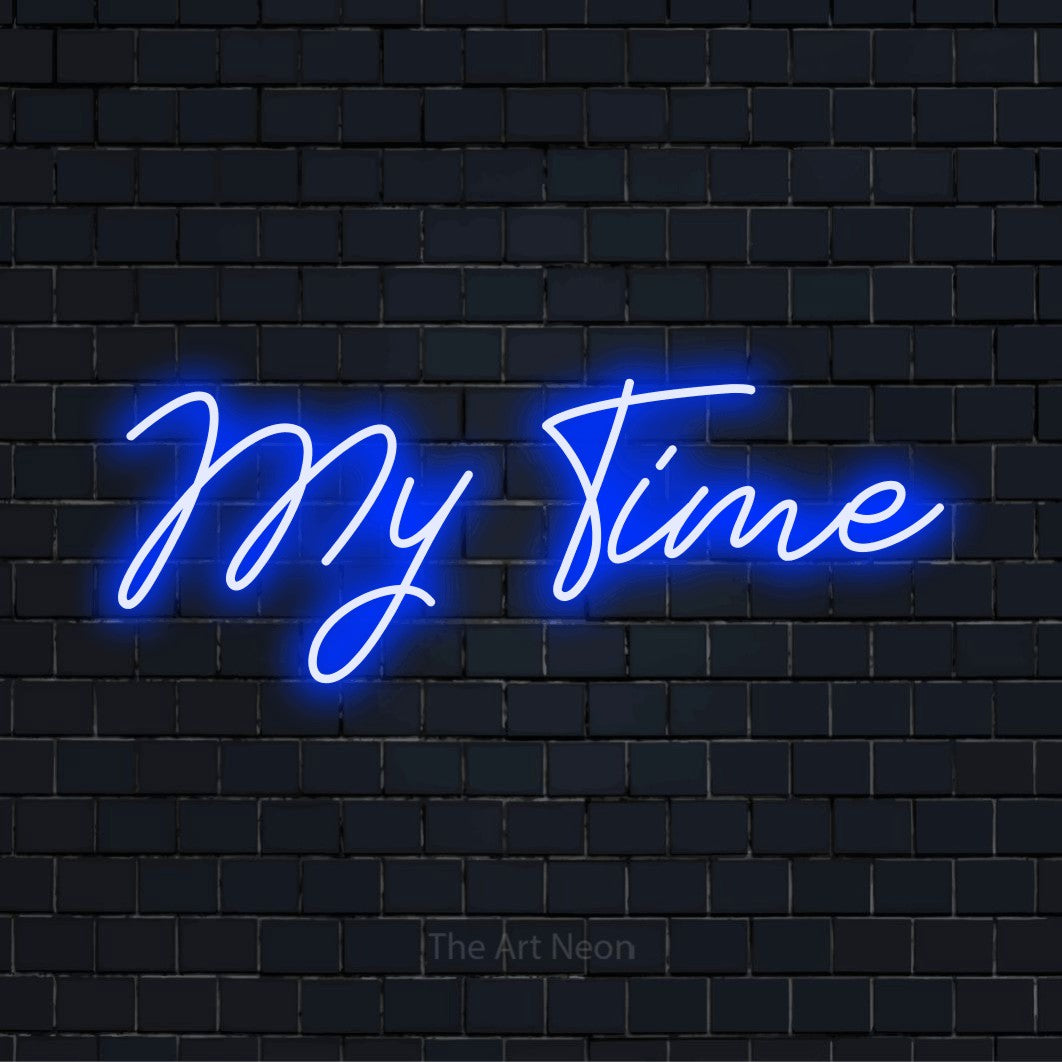 "My Time" LED neon sign on a black brick wall