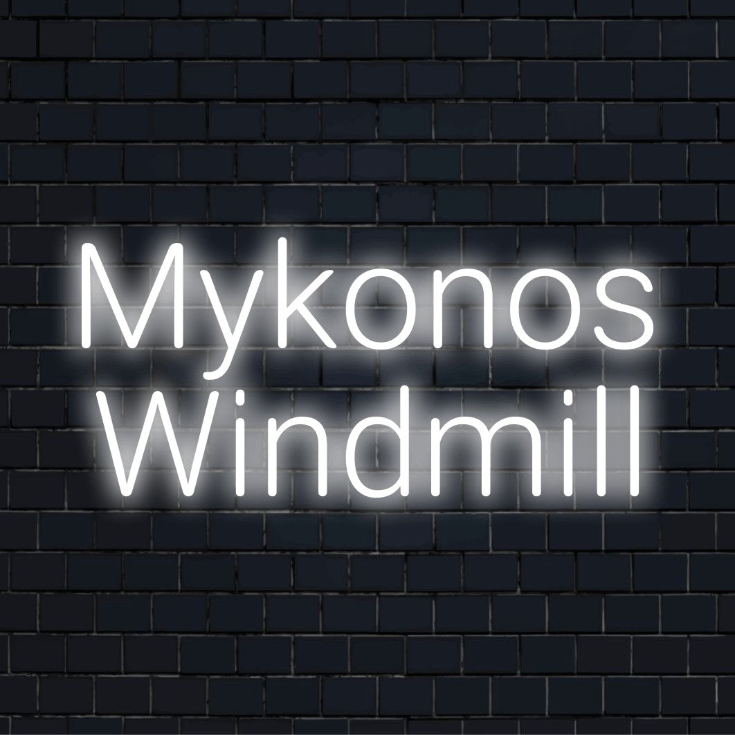 Mykonos Windmill Neon Sign, neon text light against black brick wall