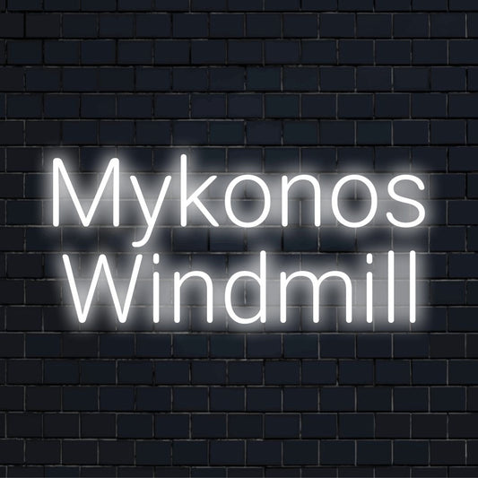 Mykonos Windmill Neon Sign, neon text light against black brick wall