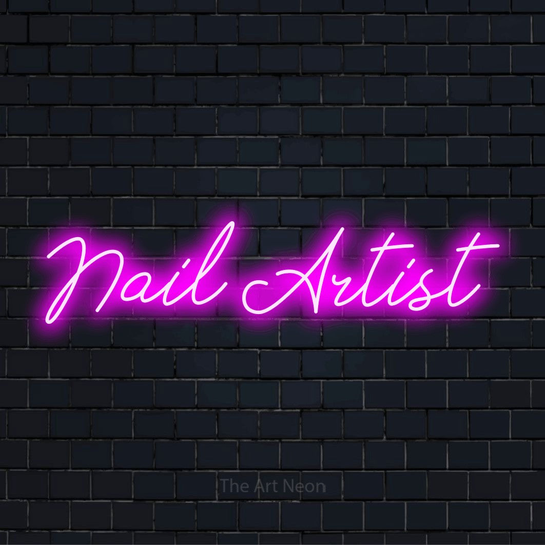 "Nail Artist" text design with neon effect on a black brick wall